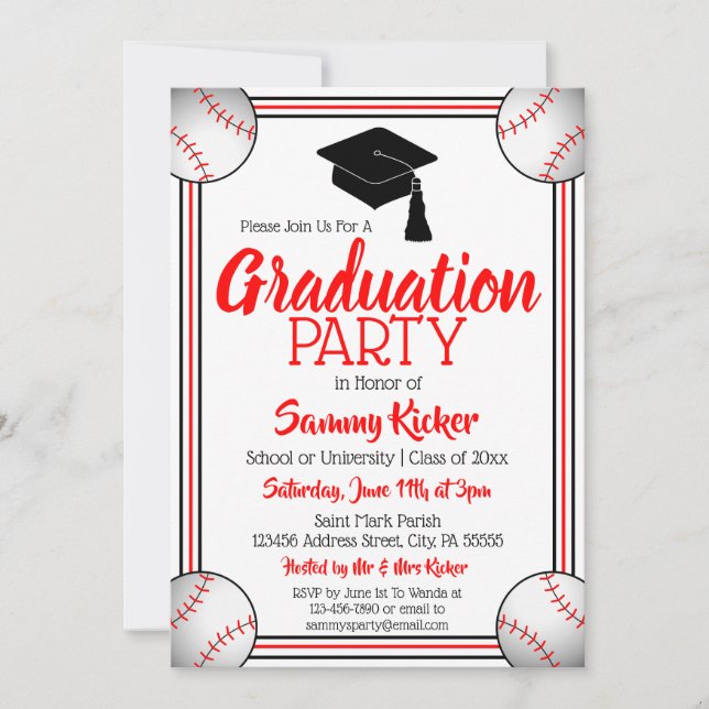 Red & Black Baseball Graduation Party Invitation (Front)