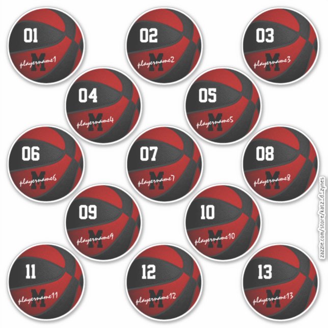 red black basketball custom 13 players names sticker (Front)