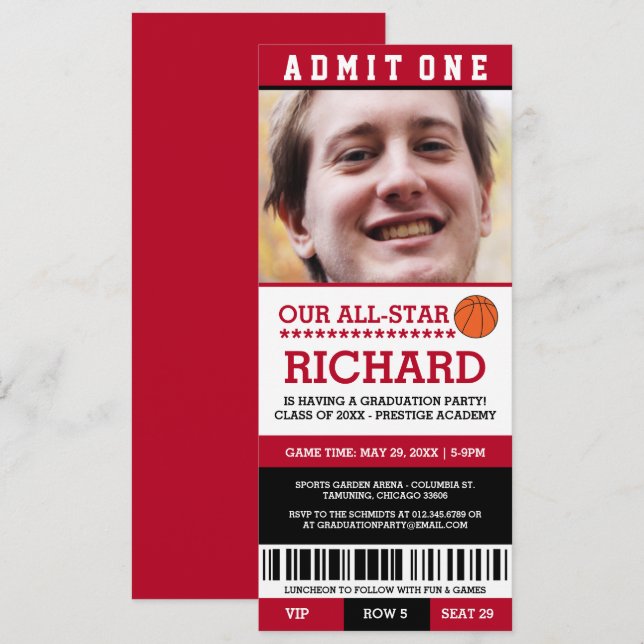 Red & Black Basketball Graduation Party Invites (Front/Back)