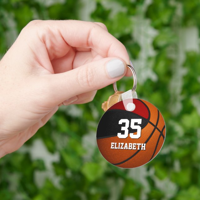 red black basketball team spirit gifts player name keychain (Hand)