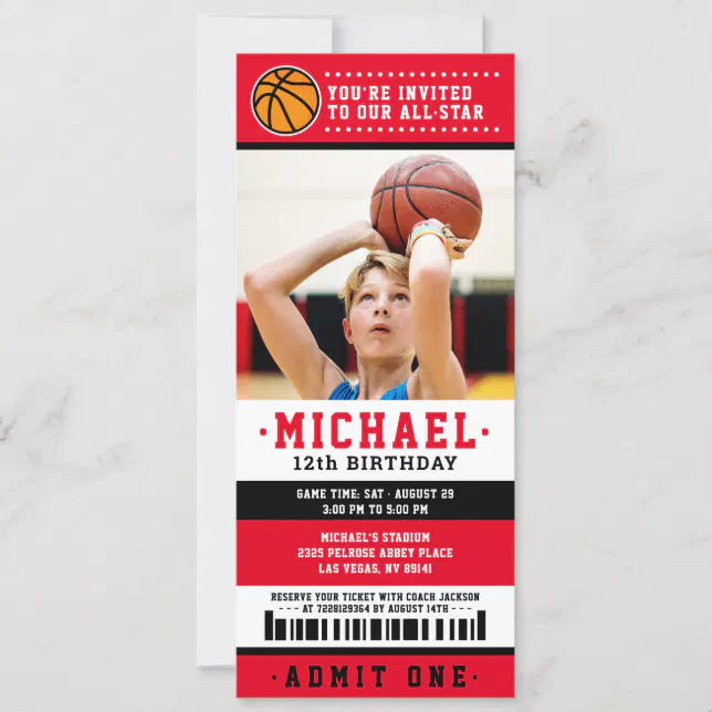 Red black Basketball Ticket Birthday Photo Invitation | Zazzle