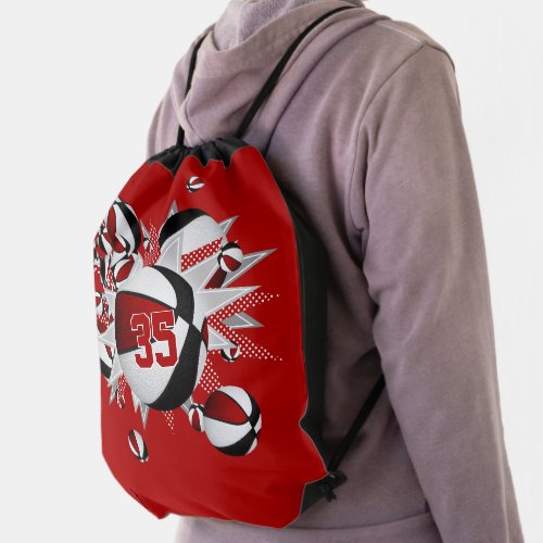 red black basketballs stars girls jersey number drawstring bag