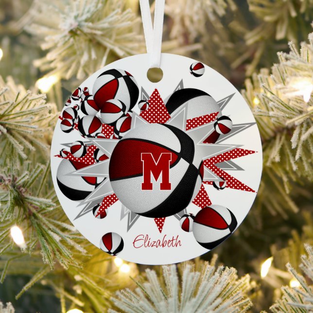 red black basketballs stars girls keepsake year metal ornament (Insitu)
