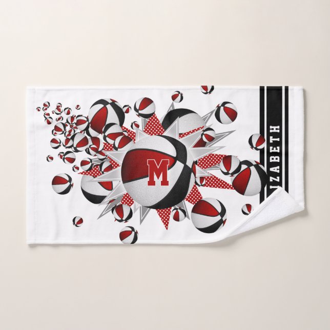 red black basketballs stars girls monogrammed hand towel  (Hand Towel)