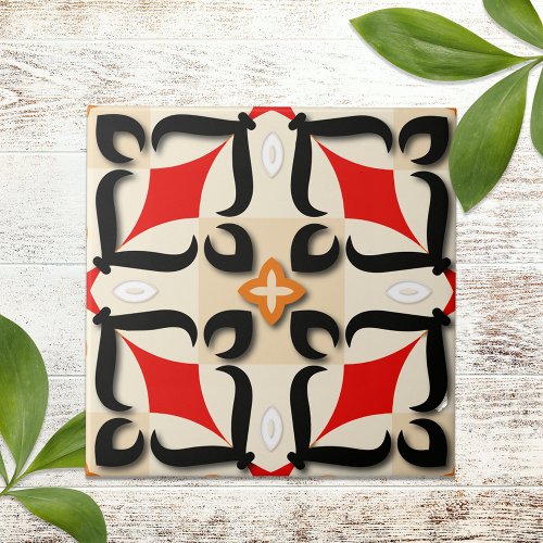 Red Black Beige Abstract Mirror Geometric Pattern Ceramic Tile