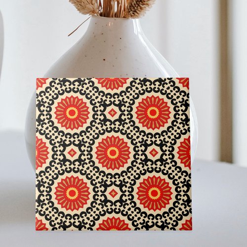 Red Black Beige Oriental Moroccan Mosaic Pattern Ceramic Tile