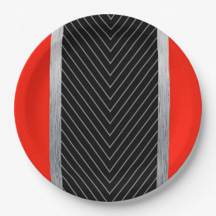 Red, black, black and white pinstripe paper plates