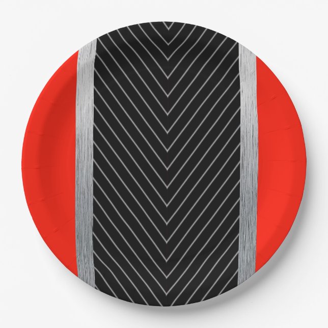 Red, black, black and white pinstripe paper plates (Front)