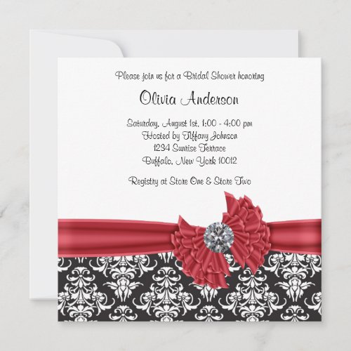 Red Black Black Damask Bridal Shower Custom Invitation