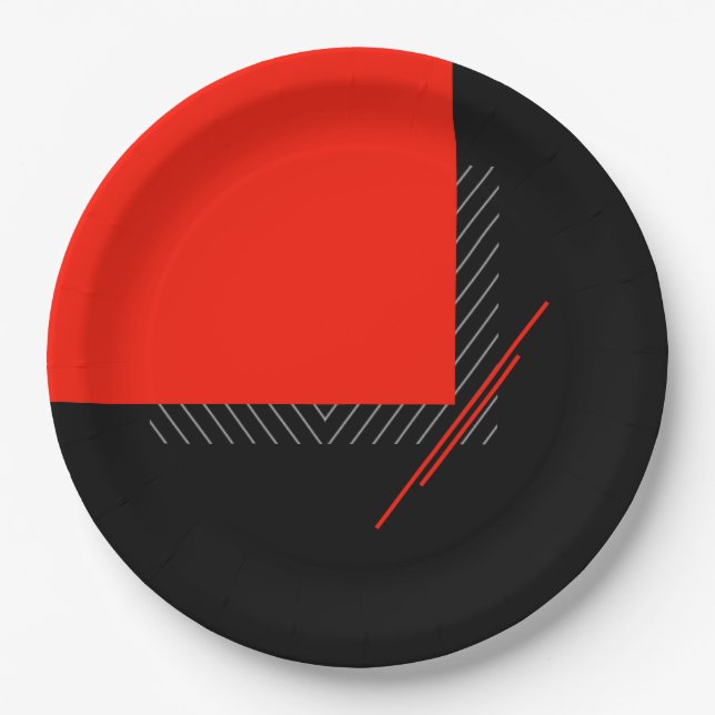 Red, black,black & white pinstripe geometric print paper plates (Front)