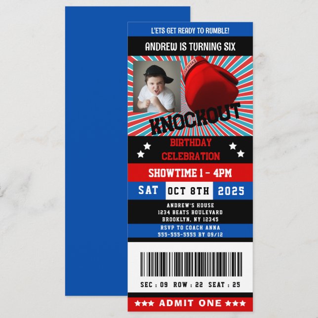Red black Blue Boxing Ticket Birthday Photo Invitation (Front/Back)