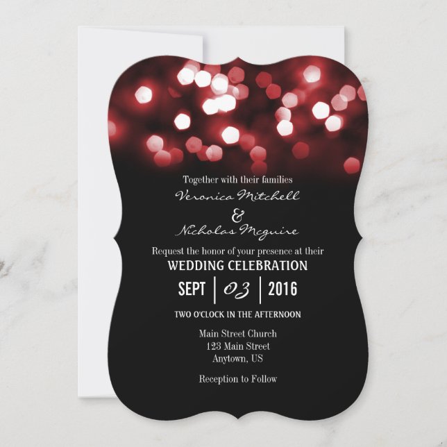 Red Black Bokeh Glitter Lights Wedding Invites (Front)