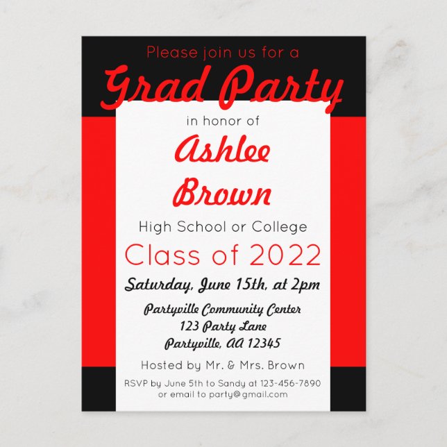 Red Black Bold Grad Party Graduation Invitation Postcard (Front)
