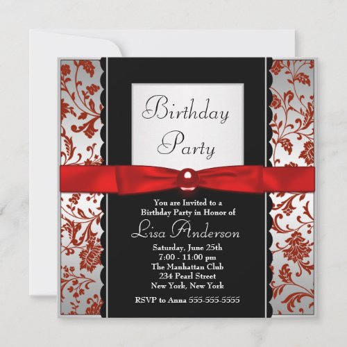 Red  Black Bow Tie Damask Birthday Party Invitation