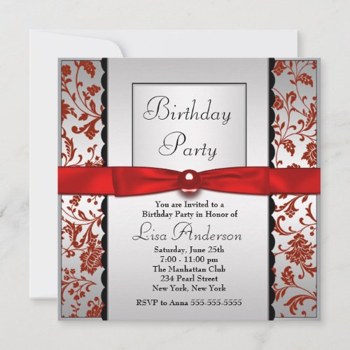 Red  Black Bow Tie Damask Birthday Party Invitation