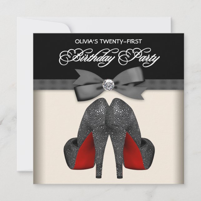 Red Black Bow Tie Womans 21st Birthday Party Invitation (Front)