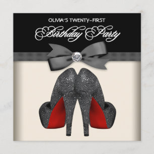 Red Black Bow Tie Womans 21st Birthday Party Invitation