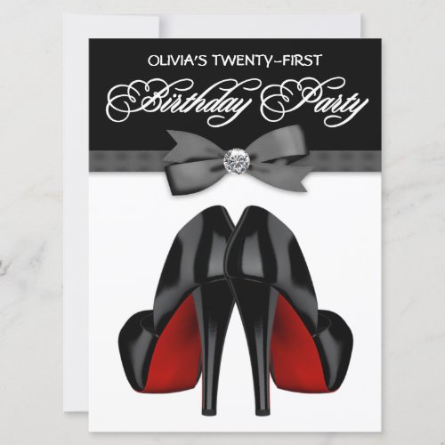 Red Black Bow Tie Womans Birthday Party Invitations