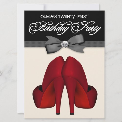 Red Black Bow Tie Womans 21st Birthday Party Personalized Invitations