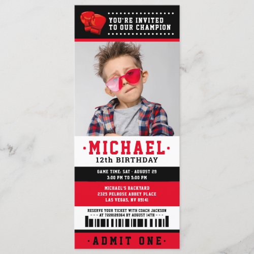 Red black Boxing Ticket Birthday Photo Invitation