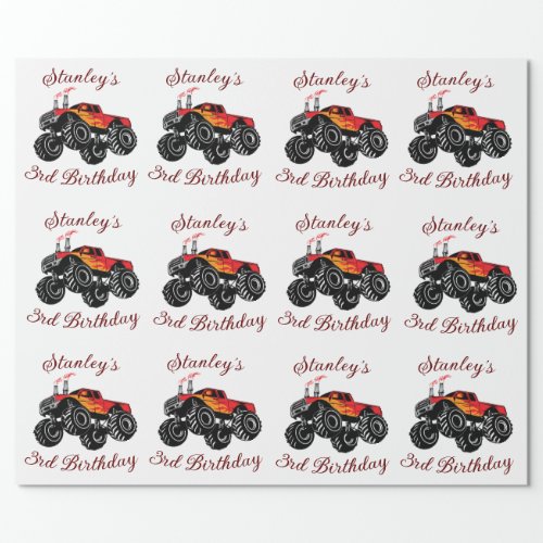 Red Black Boys Birthday Monster Truck Birthday  Wrapping Paper