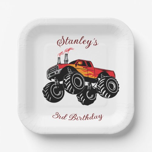 Red Black Boys Birthday Monster Truck Paper Plates