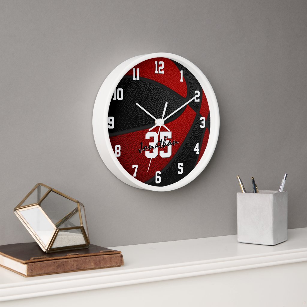 red black boys girls basketball personalized round clock