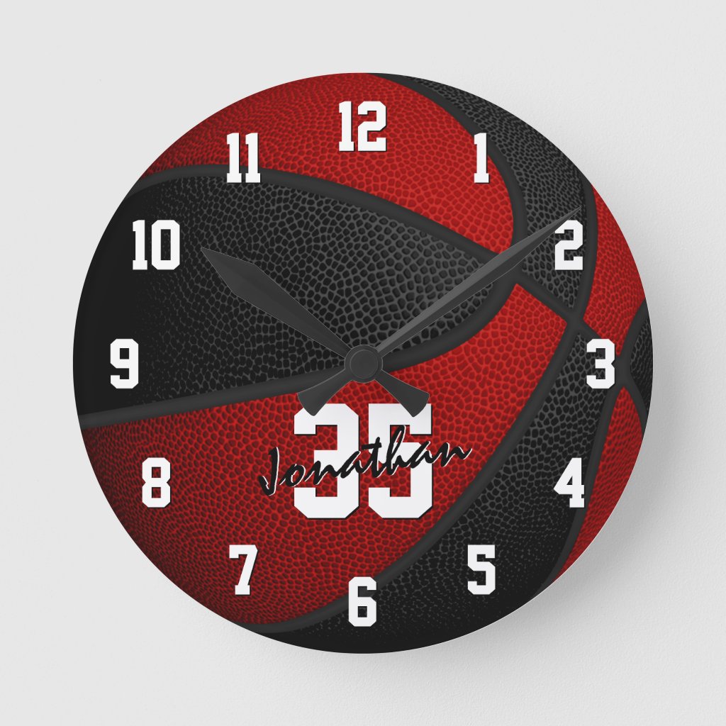red black boys girls basketball personalized round clock