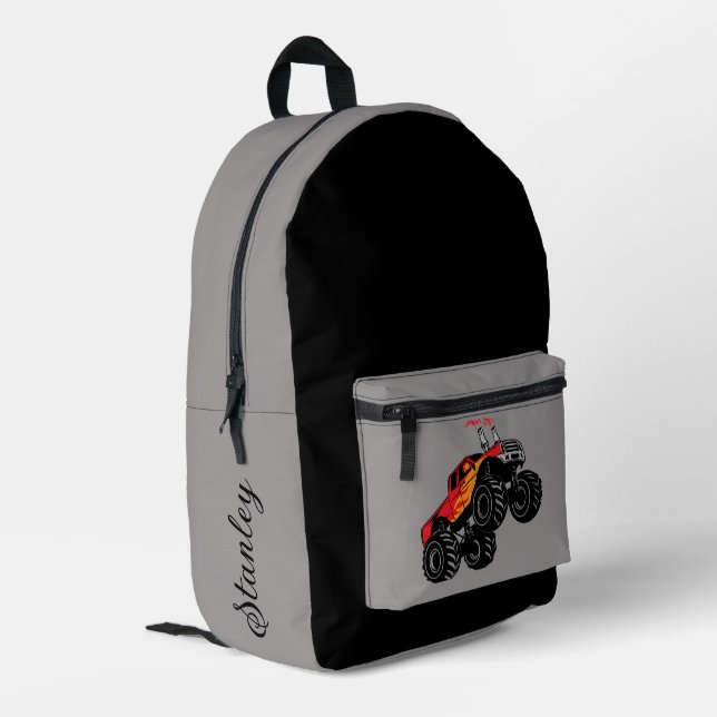 Red & Black Boys' Name Personalized Monster Truck Printed Backpack (Back Corner Left)
