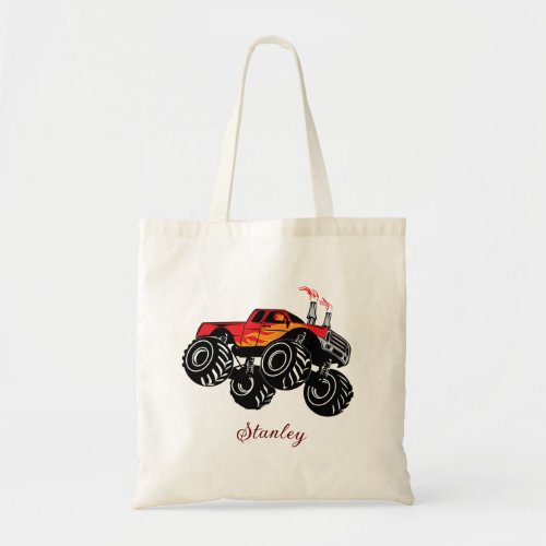 Red Black Boys Name Personalized Monster Truck Tote Bag