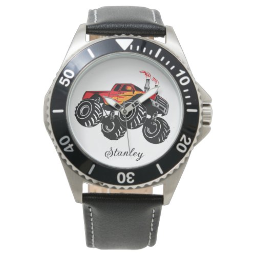 Red  Black Boys Name Personalized Monster Truck Watch