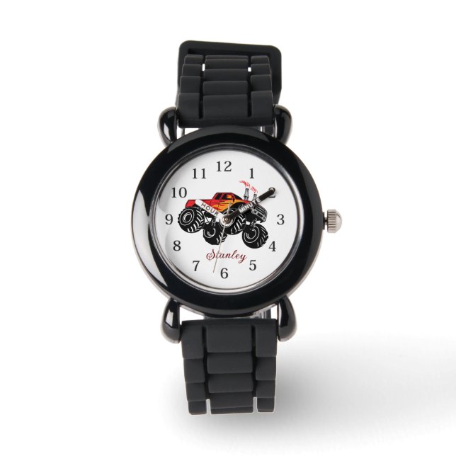 Red Black Boys' Name Personalized Monster Truck Watch (Front)