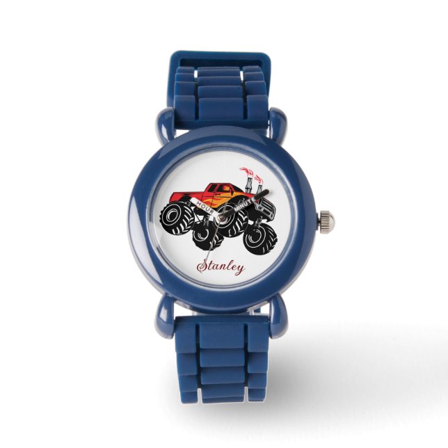 Red Black Boys' Name Personalized Monster Truck Watch (Front)