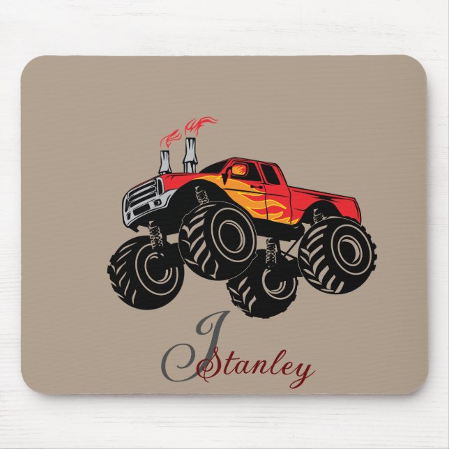 Red Black Boys' Rusty Name Monogram Monster Truck Mouse Pad (Front)
