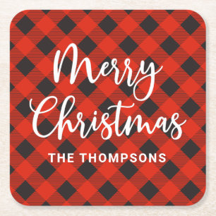 Red Black Buffalo Check Merry Christmas Script Square Paper Coaster