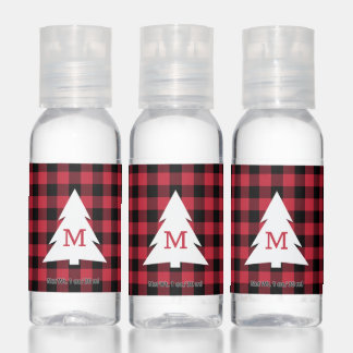 Red Black Buffalo Check Monogram Christmas Hand Sanitizer
