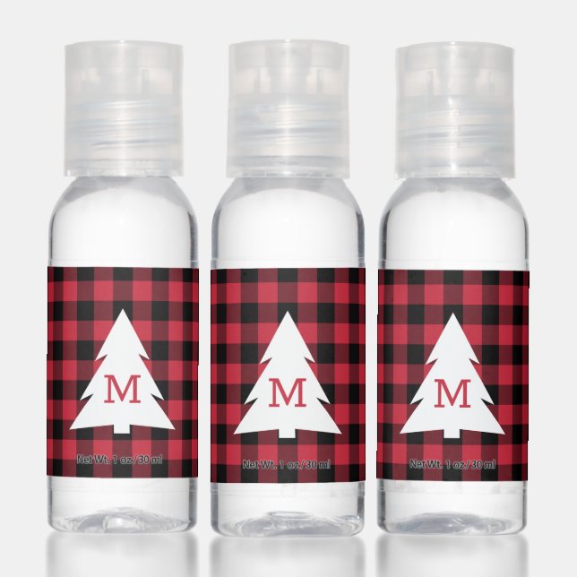 Red Black Buffalo Check Monogram Christmas Hand Sanitizer (Set)