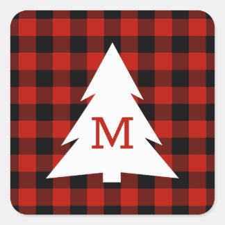 Red Black Buffalo Check Monogram Christmas Holiday Square Sticker