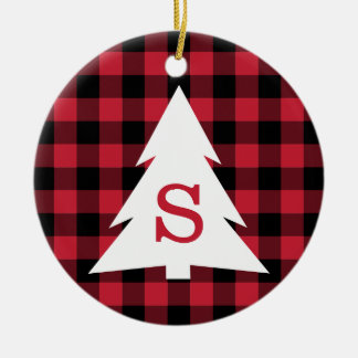 Red Black Buffalo Check Monogram Christmas Tree Ceramic Ornament