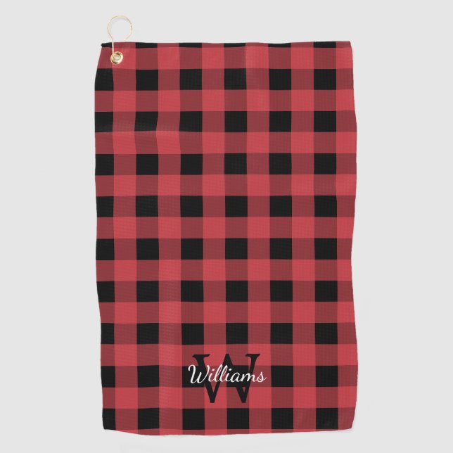 Red & Black Buffalo Check Monogram Golf Towel (Front)
