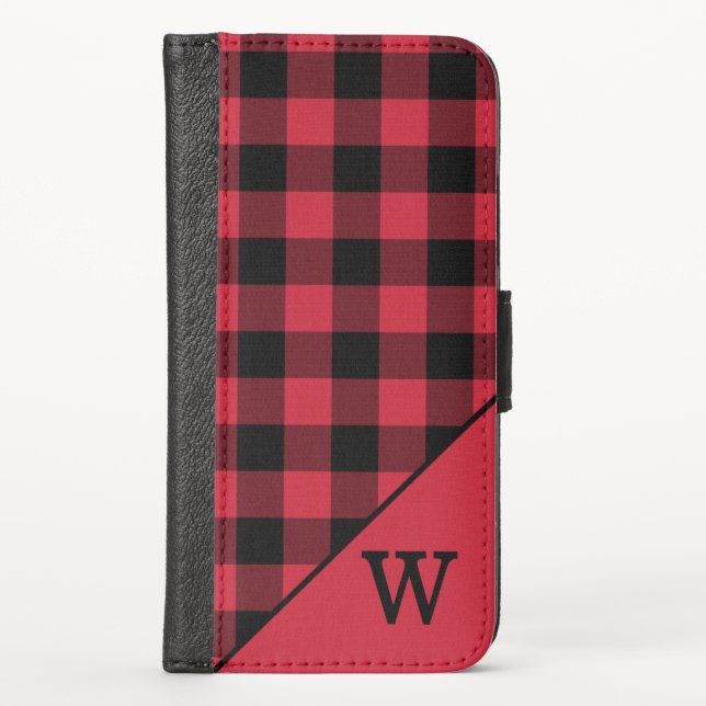 Red Black Buffalo Check Pattern Custom Monogram iPhone Wallet Case (Front)