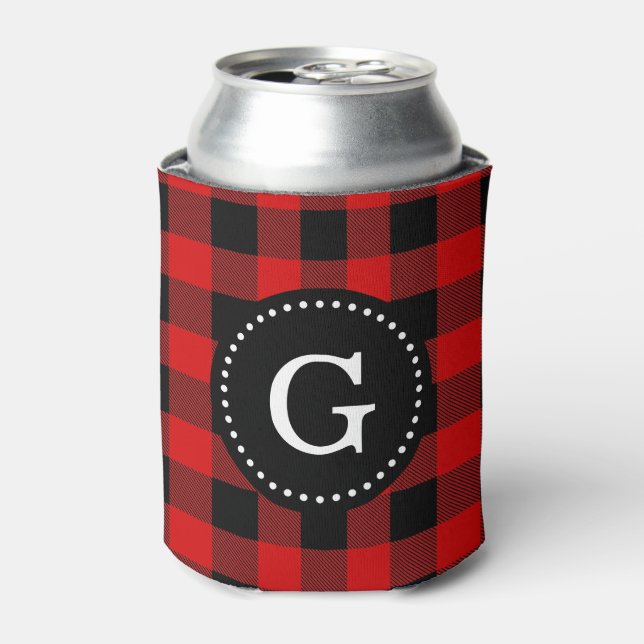 Red Black Buffalo Check Plaid 1I Monogram Can Cooler (Can Front)