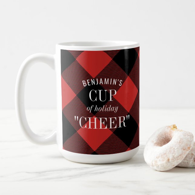 Red Black Buffalo Check Plaid Funny Christmas Coffee Mug (With Donut)