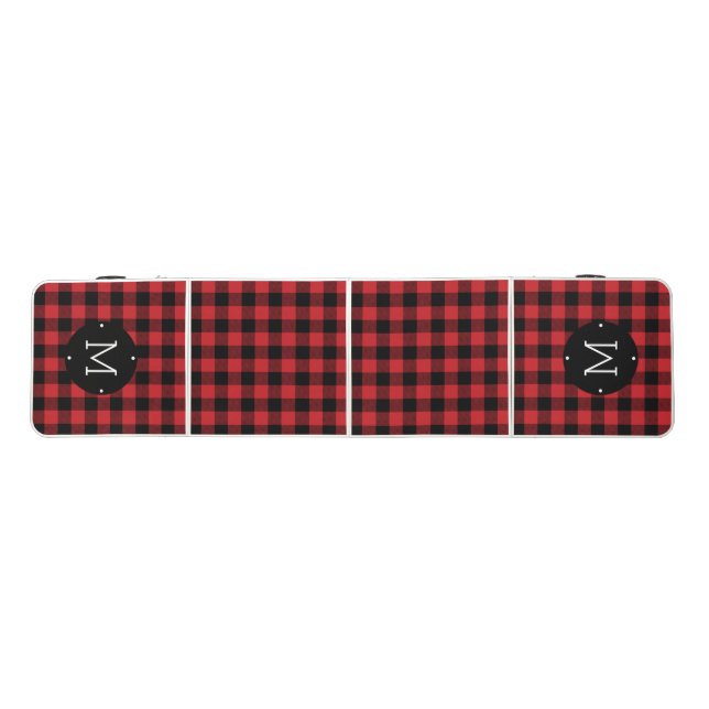 Red & Black Buffalo Check Plaid Monogram Beer Pong Table (Top)