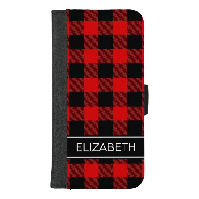 Red Black Buffalo Check Plaid Name Monogram iPhone Wallet Case (Front)