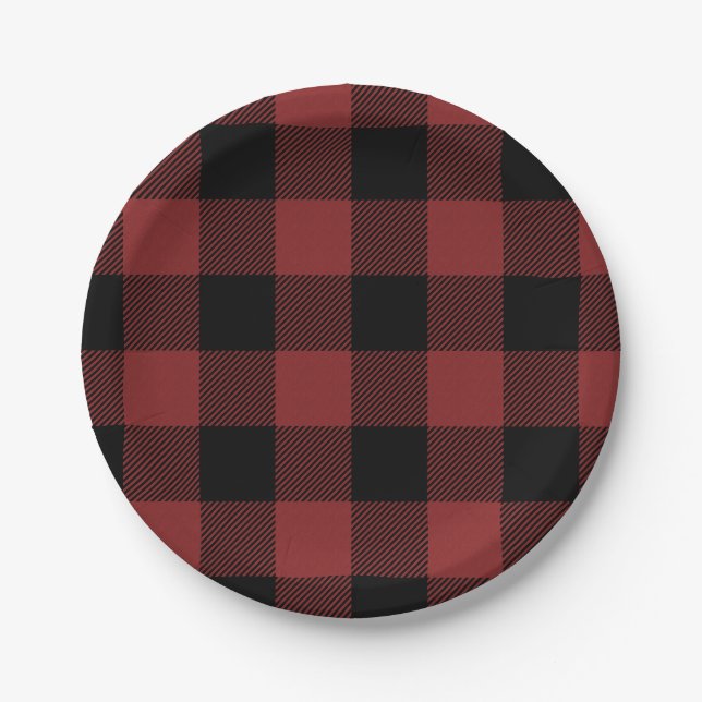 Red Black Buffalo Check Plaid Paper Plates (Front)