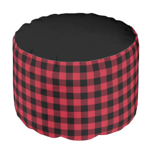 Red Black Buffalo Check with Black Top Pouf