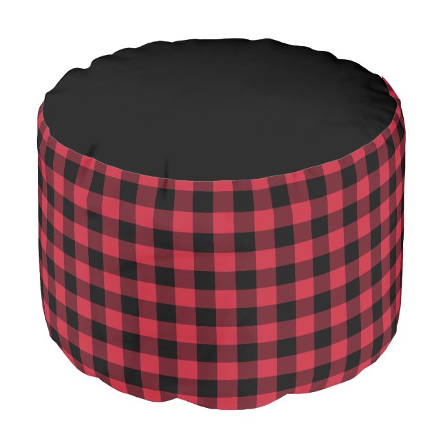 Red Black Buffalo Check with Black Top Pouf (Angled Front)