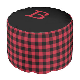 Red Black Buffalo Check with Monogram Pouf