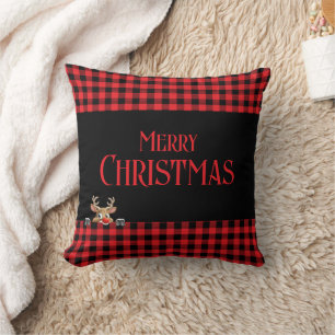 Red Black Buffalo Check with Peeping Reindeer Throw Pillow